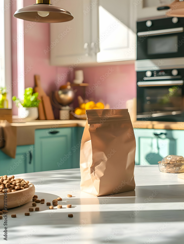 A mockup of kraft paper packaging on the cute kitchen table sunny day. High-resolution A mockup of kraft paper packaging on the cute kitchen table sunny day. High-resolution