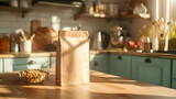 A mockup of kraft paper packaging on the cute kitchen table sunny day. High-resolution
