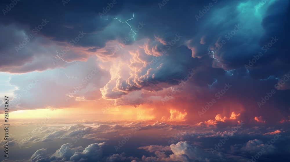 Fototapeta premium dramatic huge clouds of thunderstorm on sky with sunset