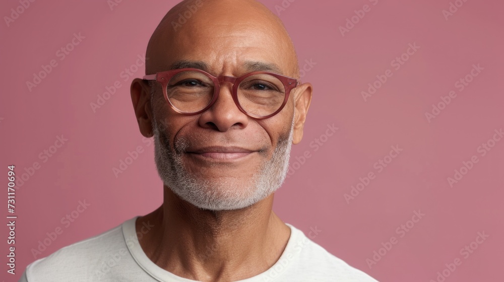 Smiling bald man with glasses and gray beard against pink background. Smiling bald man with glasses and gray beard against pink background.