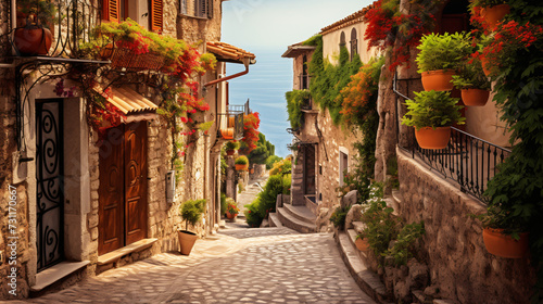 Street in medieval Eze village at French Riviera.