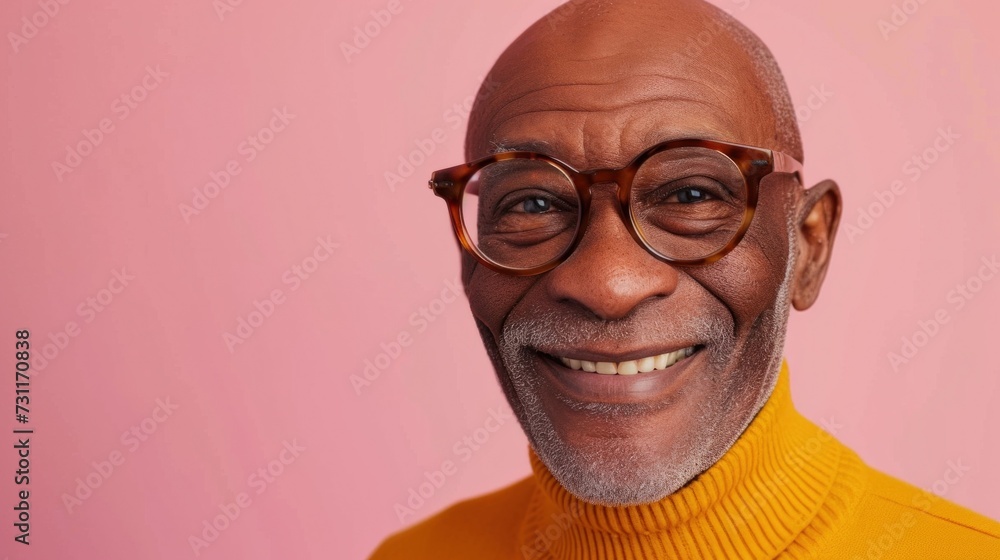 Smiling man with glasses and gray beard wearing yellow turtleneck against pink background. Smiling man with glasses and gray beard wearing yellow turtleneck against pink background.