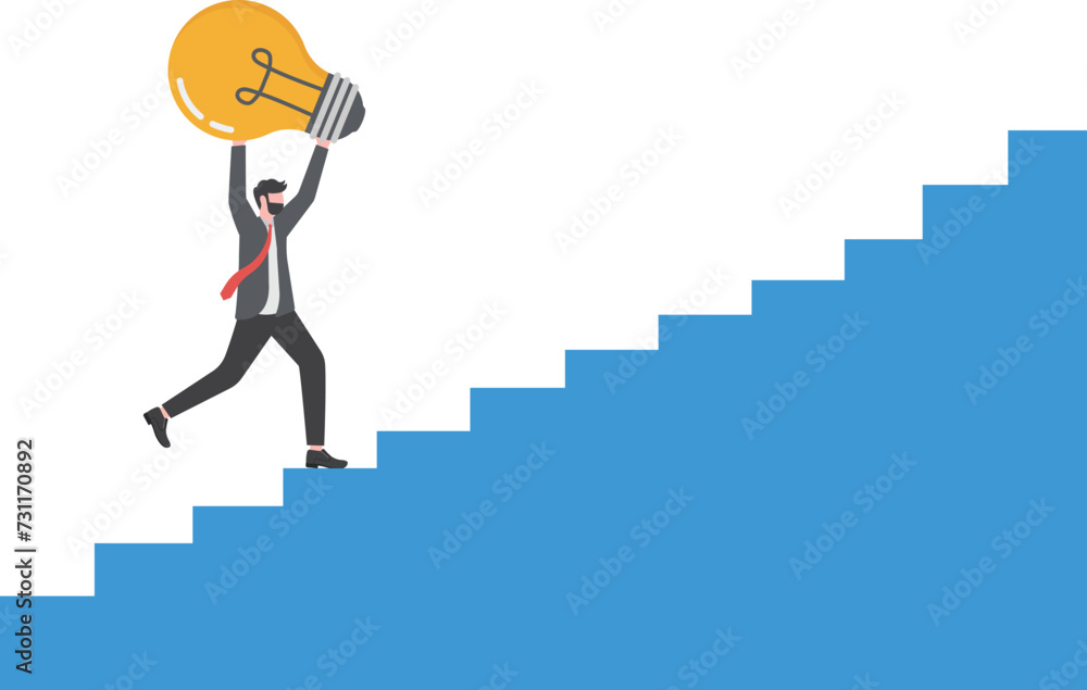 Solution and success concept.businessman holding a light bulb walking up the stairs

