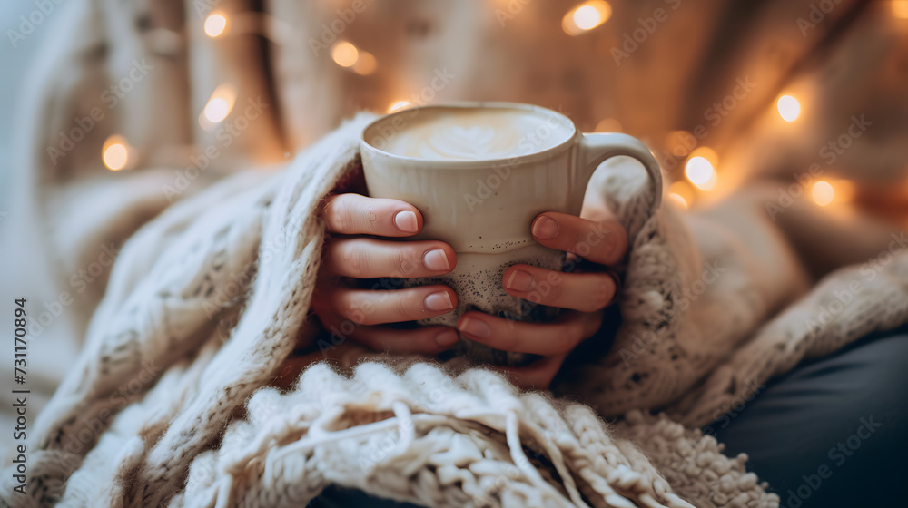 cozy autumn vibes, a person wrapped in a blanket holding a mug of hot cider, close-up on hands, warm indoor lighting for a lifestyle blog cozy autumn vibes, a person wrapped in a blanket holding a mug of hot cider, close-up on hands, warm indoor lighting for a lifestyle blog