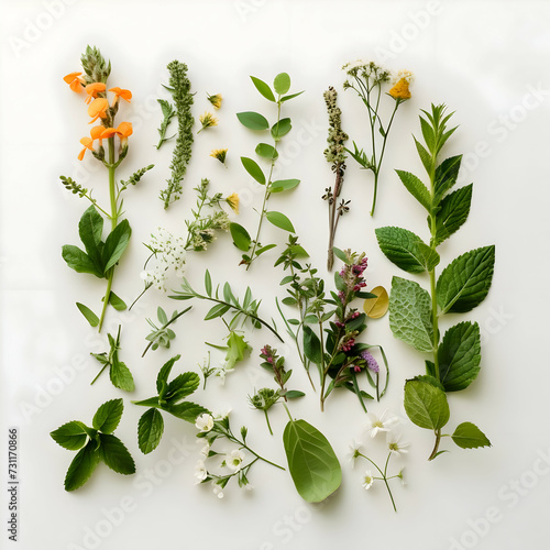 Top view photo of different types of herbs. Botanicals laying one by one. High quality
