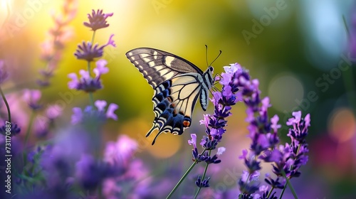 Butterfly near purple flower in nature