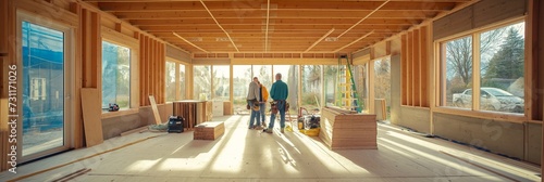 craftsmen working on a building site in a new house photo