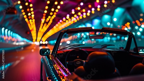 A convertible with the top down, driving through a tunnel adorned with dazzling multicolored lights.