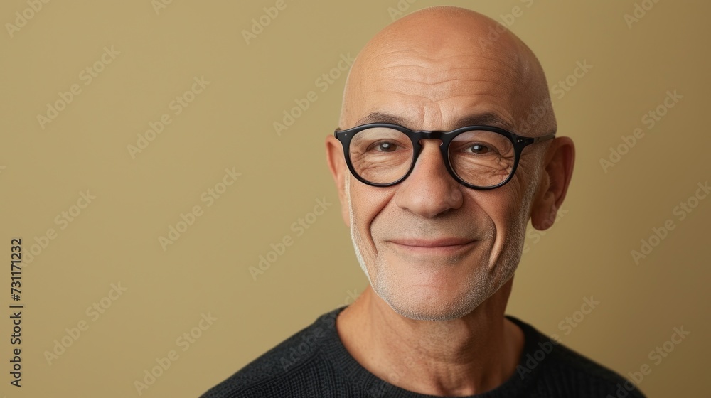 Bald man with glasses smiling wearing black shirt against beige background. Bald man with glasses smiling wearing black shirt against beige background.