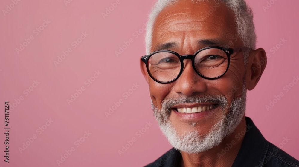A smiling elderly man with white hair and a beard wearing glasses against a pink background. A smiling elderly man with white hair and a beard wearing glasses against a pink background.