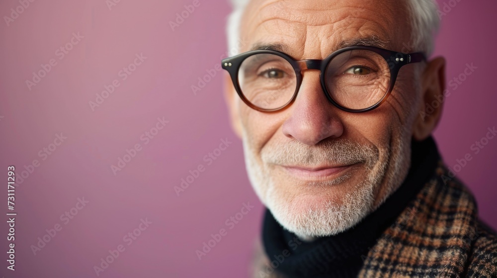 An elderly man with white hair and a beard wearing glasses smiling and dressed in a plaid jacket and black turtleneck against a pink background.