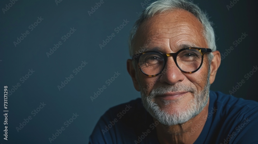 Smiling man with glasses and gray beard posing against studio background. - obrazy, fototapety, plakaty 