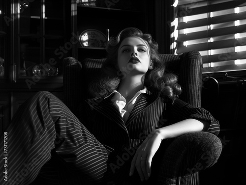 a femme fatale from a 40s film noir movie with dark shadows and beautiful lighting