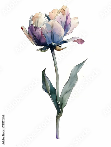 A watercolor hand-drawn illustration of a violet flower blooming. High-resolution