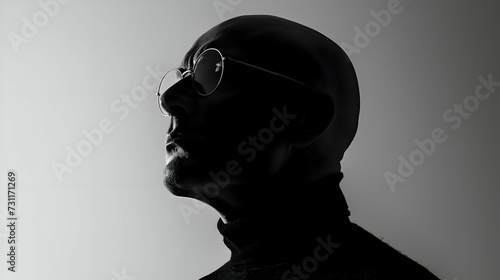 A bald man in specs silhouette minimalism stylish black and white photo. High-resolution