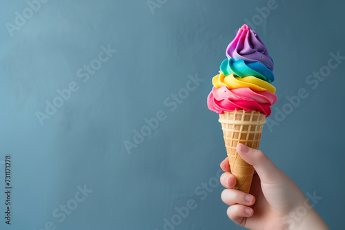 Hand holding rainbow ice cream. Closeup shot of rainbow ice cream dessert with space for text. Ice cream in waffle cone in a hand with the LGBT Flag colors. Pride month, summer and pride concept photo