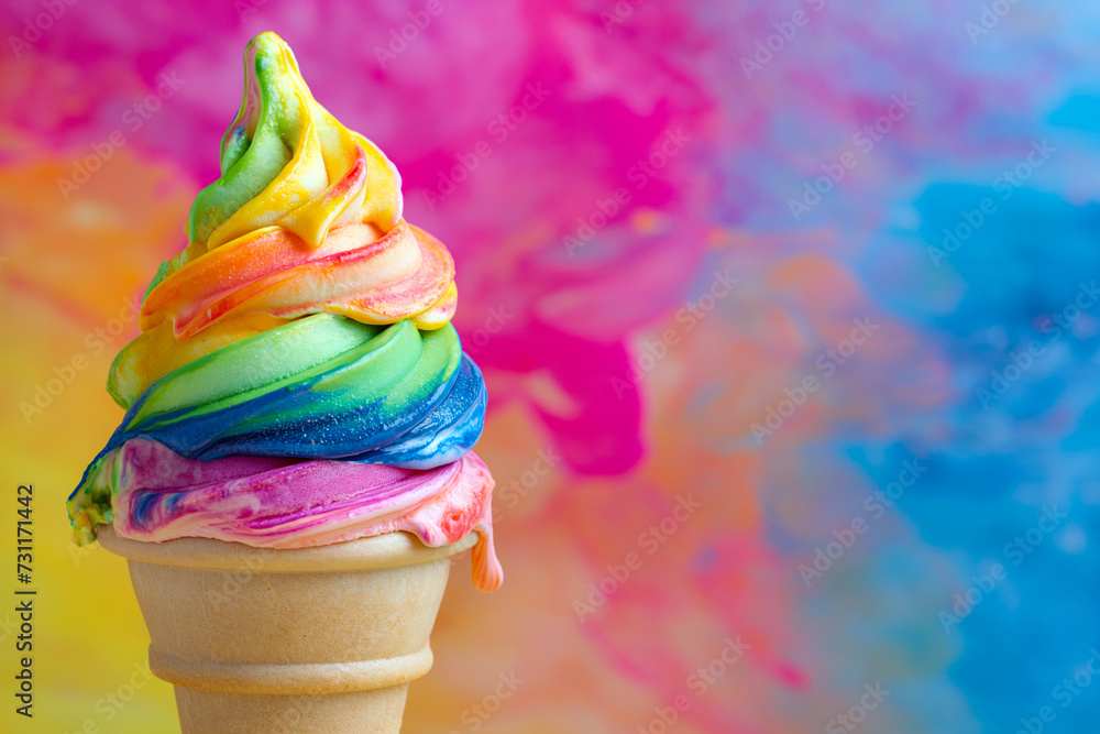 Rainbow ice cream. Closeup shot of rainbow ice cream dessert with space for text. Ice cream in waffle cone with the LGBT Flag colors. Pride celebration, summer and pride month concept Rainbow ice cream. Closeup shot of rainbow ice cream dessert with space for text. Ice cream in waffle cone with the LGBT Flag colors. Pride celebration, summer and pride month concept