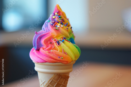 Rainbow ice cream. Closeup shot of rainbow ice cream dessert with space for text. Ice cream in waffle cone with the LGBT Flag colors. Pride celebration, summer and pride month concept