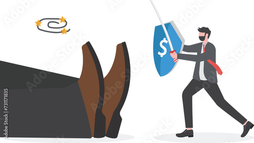 Big business winning, SME, Small and medium-sized enterprises beating giant opponents, surprise win in battle concept, confident businessman raising victory arm after defeating fallen giant opponent.
