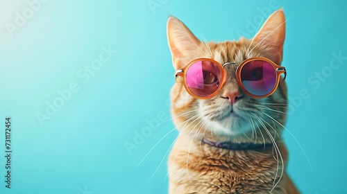 Closeup portrait of funny ginger cat wearing colored glasses isolated on blue background