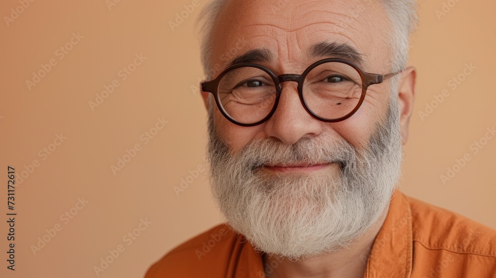 Older man with white beard and hair wearing round glasses smiling at camera against orange background. Older man with white beard and hair wearing round glasses smiling at camera against orange background.