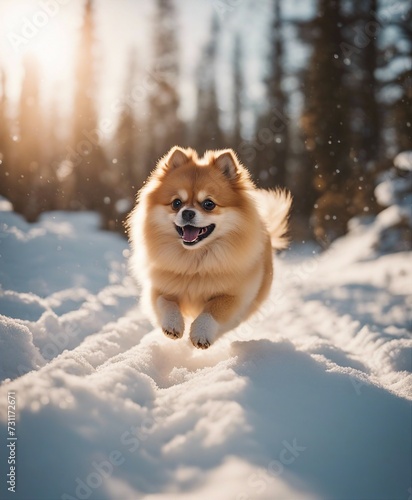 cute male Pomeranian running through the snow, warm light