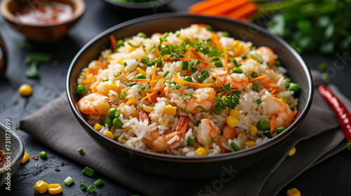 Steamed rice with seafood calamary corns carrot.