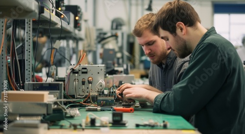 Two engineers focused on assembling and testing a circuit board in an electronic manufacturing setting, illustrating teamwork and expertise.