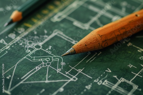 A sharp orange mechanical pencil lying on a complex engineering blueprint, symbolizing design and planning. photo