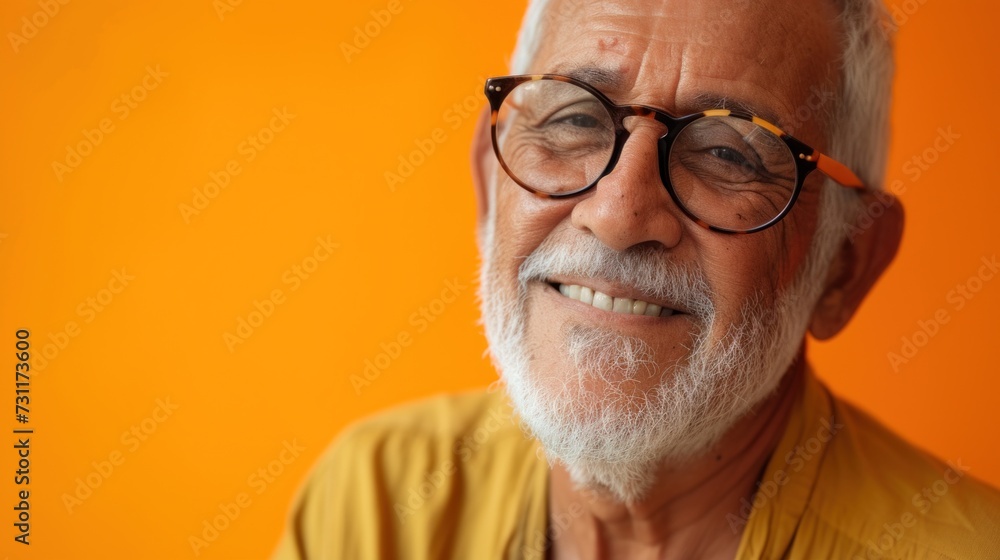 Old man with white beard and hair wearing glasses smiling against orange background. Old man with white beard and hair wearing glasses smiling against orange background.