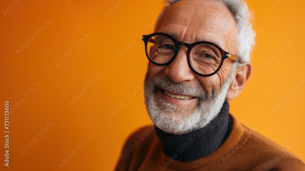 Smiling elderly man with white beard and glasses wearing a brown turtleneck against an orange background. Smiling elderly man with white beard and glasses wearing a brown turtleneck against an orange background.
