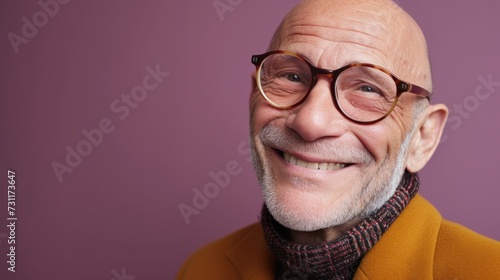Smiling elderly man with glasses and white beard wearing a brown jacket and a red and black striped scarf against a purple background. © iuricazac