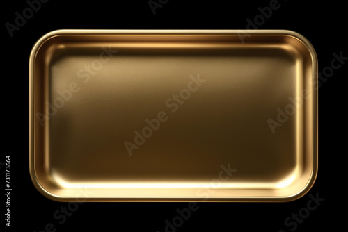 Gold metal plate rectangular smooth texture tray, empty, blank, on black background. Luxury presentation space. 