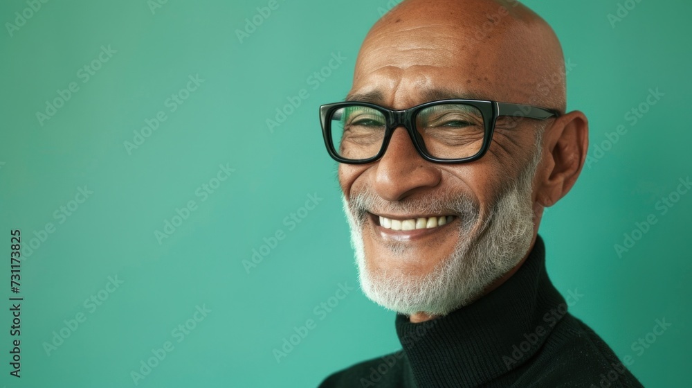 Smiling man with white beard and glasses wearing black turtleneck against teal background. Smiling man with white beard and glasses wearing black turtleneck against teal background.