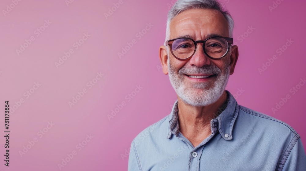 Smiling older man with glasses and gray beard wearing a light blue button-up shirt against a pink background.
