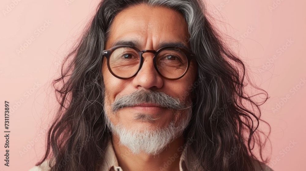 A man with a long gray beard and mustache wearing glasses smiling against a pink background. A man with a long gray beard and mustache wearing glasses smiling against a pink background.