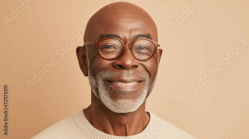 Bald man with glasses and a beard smiling against a beige background. photo