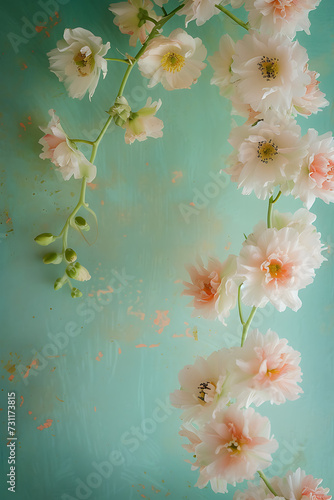 a white and pink flower arrangement on a turquoise ba