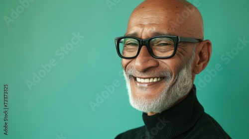 Smiling man with white beard and glasses wearing black turtleneck against teal background. photo