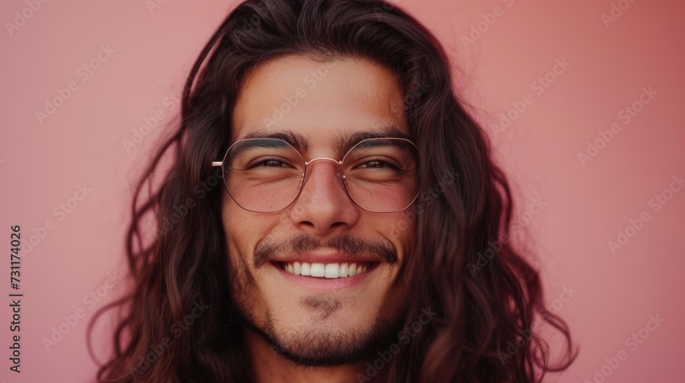 Smiling man with long curly hair and glasses against pink background. Smiling man with long curly hair and glasses against pink background.