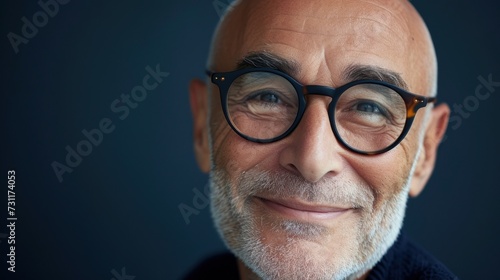 Smiling older man with glasses and gray beard against blue background.