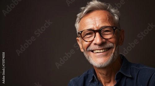 Smiling man with gray hair and glasses wearing blue shirt against dark background.