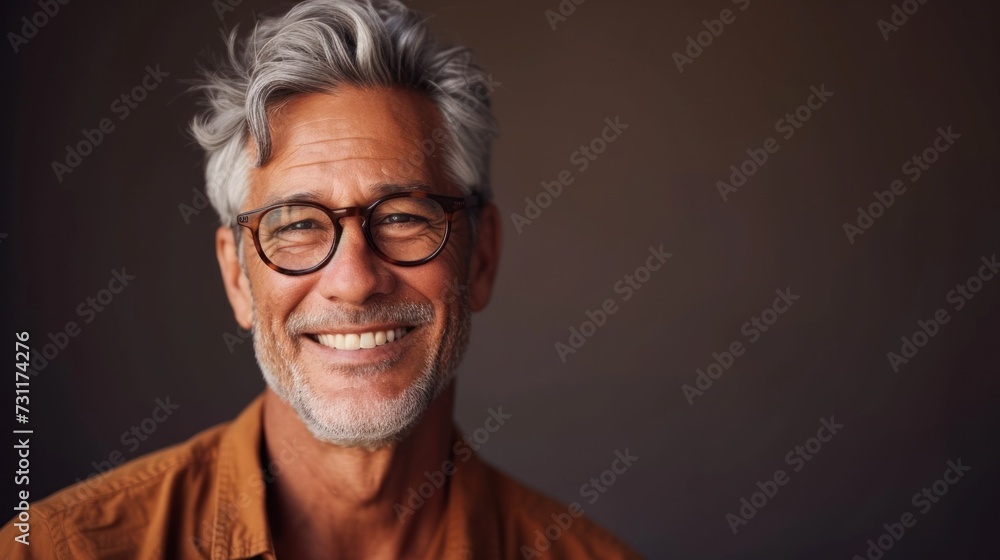 Smiling man with gray hair glasses and beard wearing a brown shirt against a blurred background.
