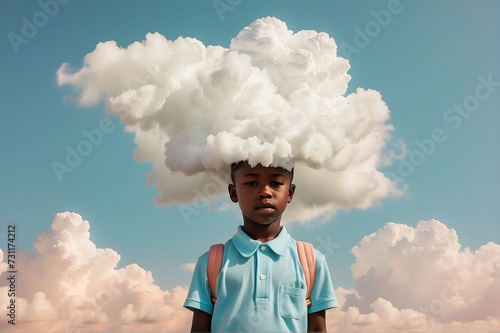 Young African boy has a cloud on his head shows that he is dreaming or thinking. Surreal creative photography. Pastel blue colors.