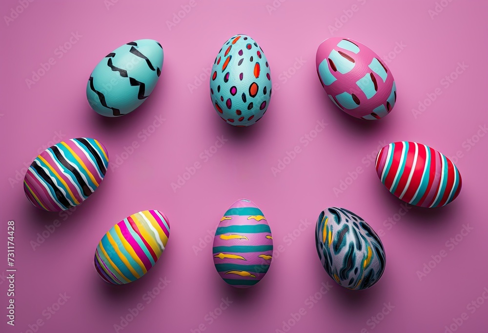 Fototapeta premium A multicolored background with Easter eggs resting on it, providing space for text. The image was created using a combination of human hands and artificial intelligence technology. 