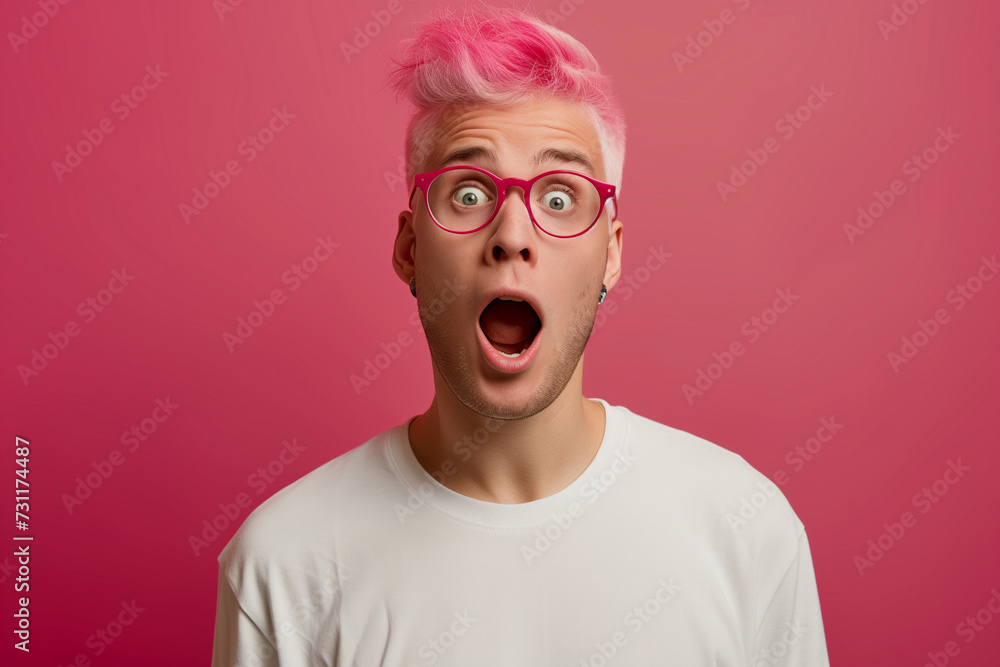 Pink hair. Young shocked guy wearing casual clothes and glasses celebrating shocked of surprised open eyes wide Generative AI