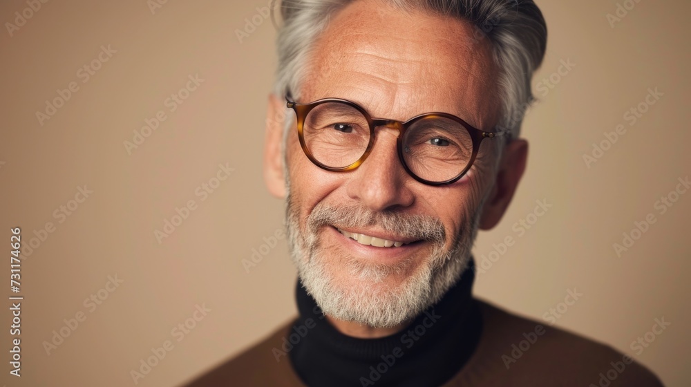 A man with a gray beard and glasses wearing a brown turtleneck smiling at the camera. A man with a gray beard and glasses wearing a brown turtleneck smiling at the camera.