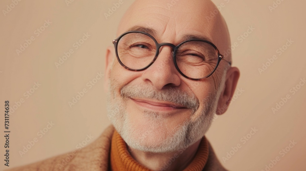 Smiling bald man with glasses and gray beard wearing brown jacket and orange turtleneck against beige background. Smiling bald man with glasses and gray beard wearing brown jacket and orange turtleneck against beige background.
