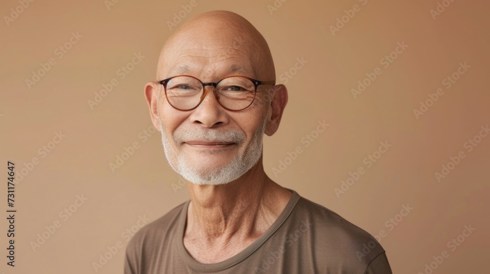 Balding man with white beard and glasses wearing brown shirt smiling against beige background. Balding man with white beard and glasses wearing brown shirt smiling against beige background.