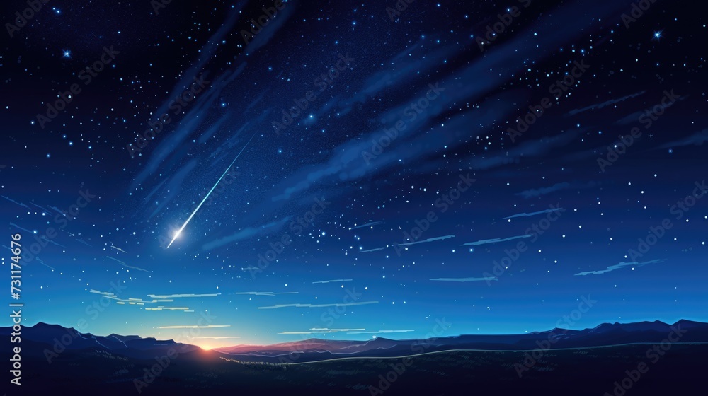 Starry Night: Shooting Star Crossing the Starry Space in Blue Sky. Illustration 